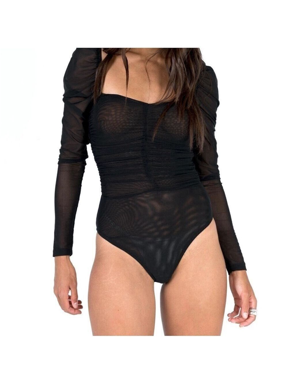 Princess Polly Mesh Ruched Black Long Sleeve Bodysuit Size 8